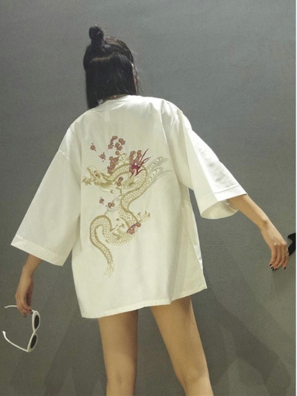 Graphic Haori Kimono Cardigan  Women’s shirt Japanese dragon yukata traditional japan clothing for Woman Trending in White