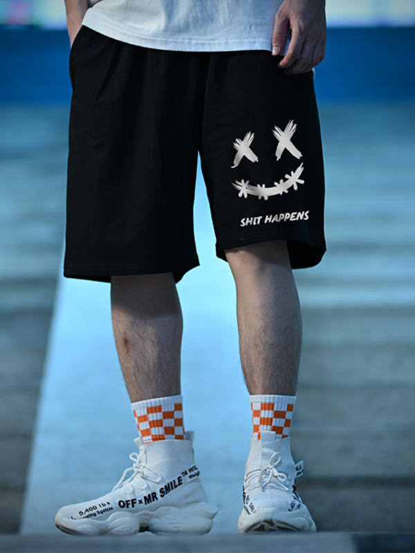 Graphic Casual Shorts   Mens Comfortable Streetwear Mid Rise Elastic Band hip Waist hop Smiley Face SHIT HAPPENS Print Plus Size Short Pants Trending for Man in Black
