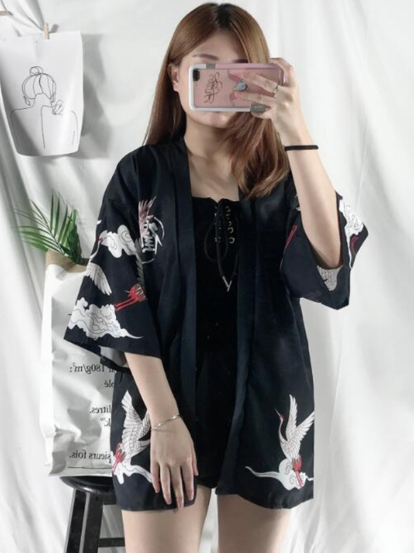 Three Quarter Sleeve Kimono Cardigan  Women’s Thin Summer Couple Fashion Coat Japanese Kimono Cardigan Kimono Woman Man Large Size Loose Outer Garment Japan Loungewear for Woman Trending in Black