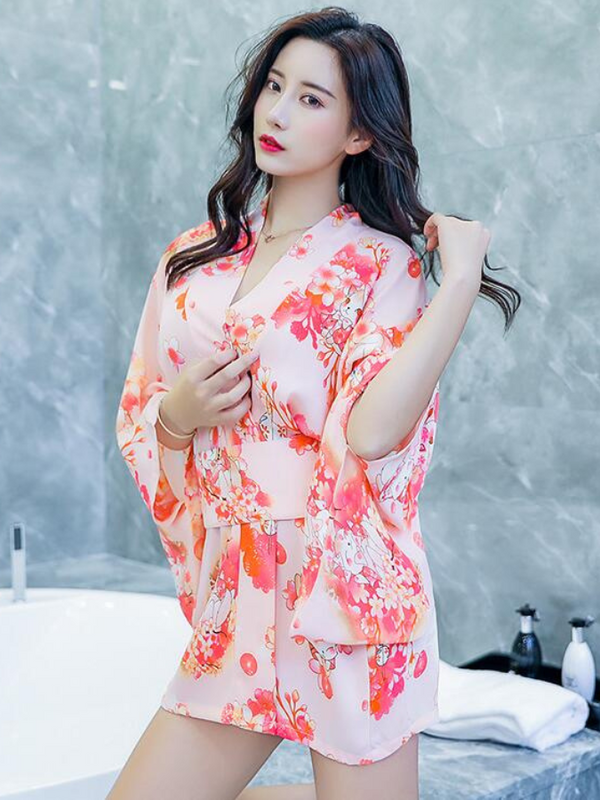 Short Chiffon Kimono Bathrobe  Women’s Sexy Japanese Red Pink Floral Printed Three Quarter Sleeve Japan Loungewear with Obi Belt Outer Garment Kimonos Bathrobes Trending for Woman