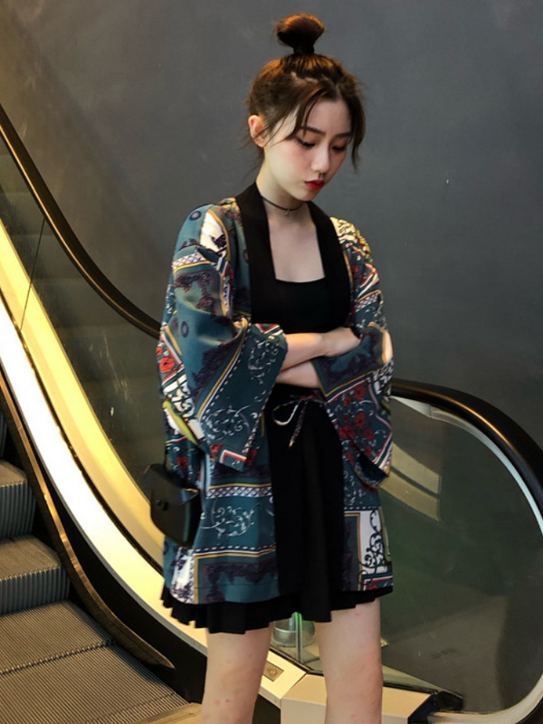 Japanese Floral Cardigan Kimono  Women’s Fashion Spring Summer Flower Printing Jacket Coat Female Haori Trending For Woman Loose Thin Outer Garment Japan Outerwear Kimonos Cardigans In Dark Bottle Green