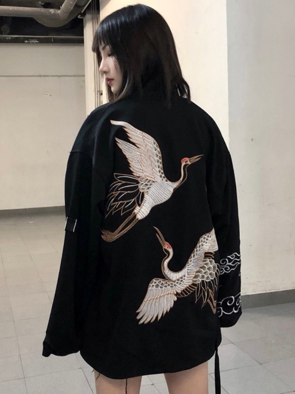 Yukata Kimono Cardigan  Women’s Coat Fashion Japanese Summer Thin Loose Crane Birds print Travel Outer Garment Japan Outerwear Black Kimonos Cardigans Trending for Woman