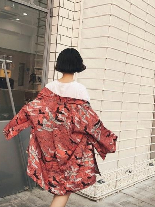 Cardigan Kimono Graphic Yukata  Women’s Japanese Crane Birds print Kimonos Coat Summer Thin Loose Retro Outer Garment Japan Cardigans Coats Outerwear Trending for Woman in Red