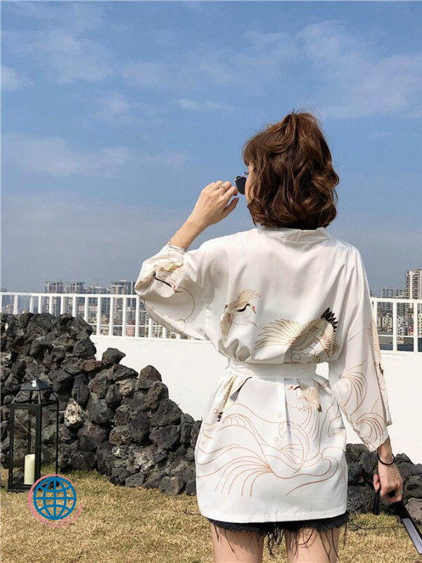 Sun-Proof Yukata Kimono Cardigan  Women’s Thin Jacket Coat Japanese Summer Kimonos Chiffon Cardigans Loose See-Through Crane Birds print Outer Garment Jackets Japan Outerwear Trending for Woman in White