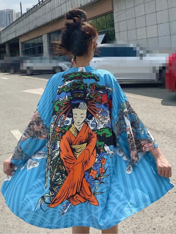 Thin Haori Cardigan Kimono Yukata Women’s Japanese Summer Loose Outer Garment Cardigans Kimonos Japan Geisha Girl print Outerwear Trending for Woman in Blue