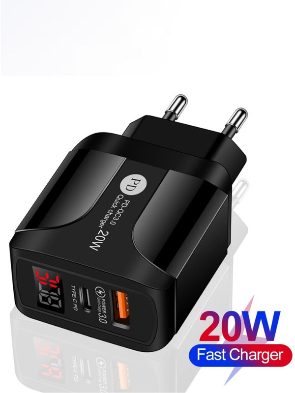 Dual Port USB Type C PD Charger 20W    QC3.0 Fast Chargers For iPhone 12 11 Plus Samsung Xiaomi Huawei Phone Power Adapter Trending in Black