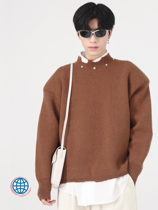Damaged Mockneck Sweater  Men's Autumn Winter Worn Out Damage Design Simple Metal Knitted Korean Fashion Warm Male Ribbed edge Plus Size Pullover Korea Sweaters Trending for Man in Coffee Brown