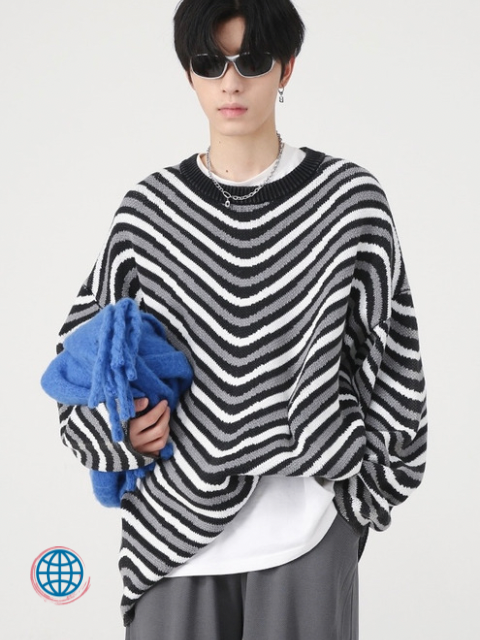 Striped Boatneck Sweater Men's Autumn Winter Stripe Round Neck Casual Korean Fashion Long Sleeve Contrast Color Male Tops Korea Sweaters Trending for Man in Green