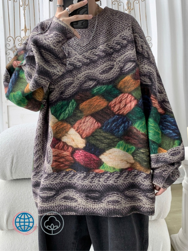 Cable-Knit Sweater  Mens Three-dimensional Printing Men Autumn Winter Fashion Male Crewneck Round Neck Knitted Pullovers Large Plus Size O-Neck Knitwear Trending for Man in Brown