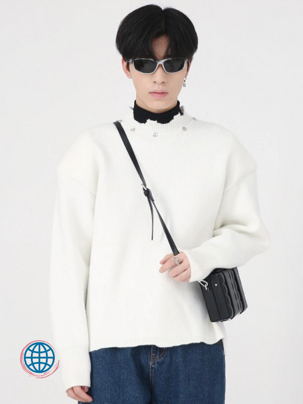 Damaged Metal Mockneck Sweater  Men's Autumn Winter Worn Out Damage Design Simple Knitted Korean Fashion Warm Male Ribbed edge Plus Size Pullover Korea Sweaters Trending for Man in White