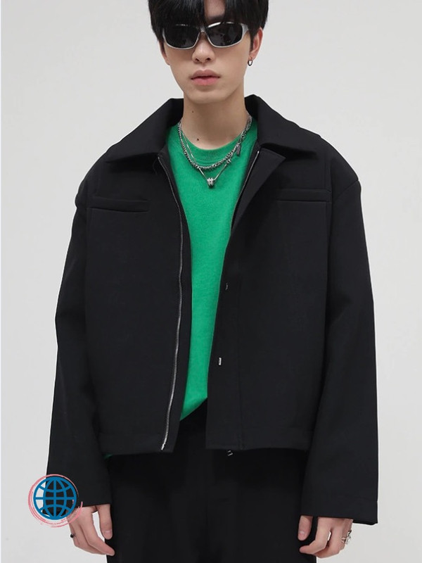 Minimalist Zip-Up Jacket  Men’s Korean Style Small Metal Decoration Men Casual Solid Color Korea Jackets Fashionable Trending for Man in Black
