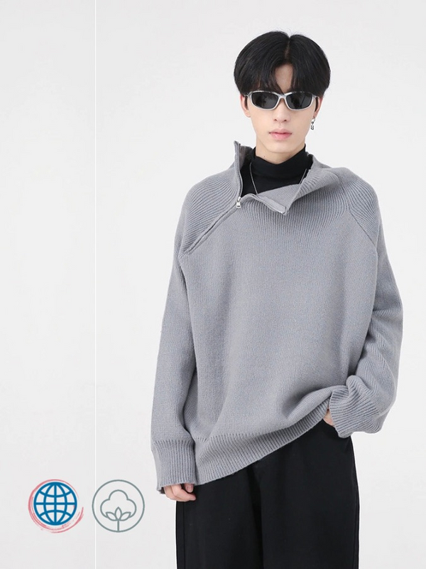 Zip Knit Collar Sweater  Men's Autumn Winter Korean Fashion Loose Simple Zipper Design Knitted Solid Color Male Pullover Korea Sweaters Trending for Man in Gray / Grey