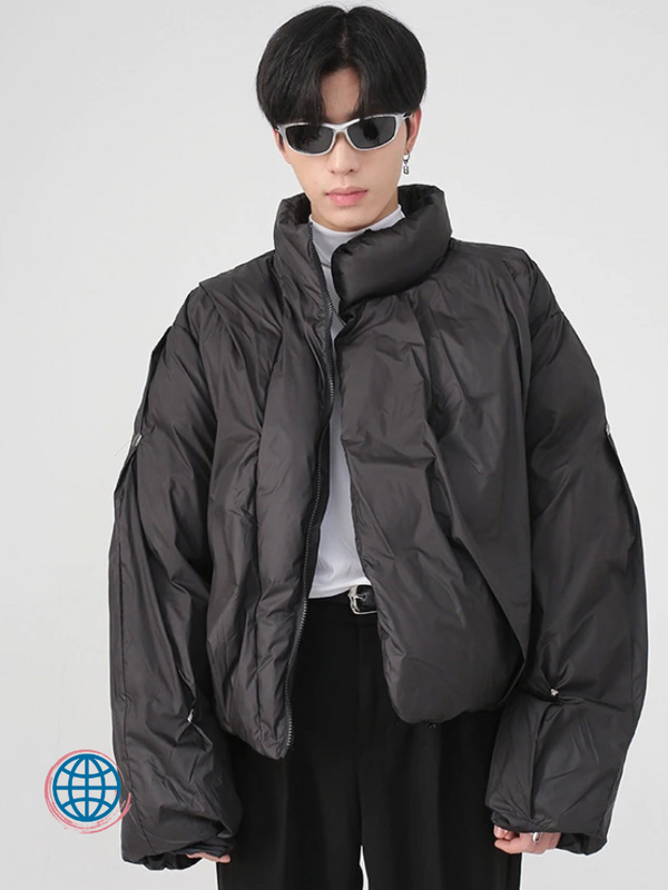 Stand Collar Cotton Padded Jacket  Mens Winter Korean Male Padded Fashion Personalized Solid Color Short Coat Korea Jackets Trending for Man in Black