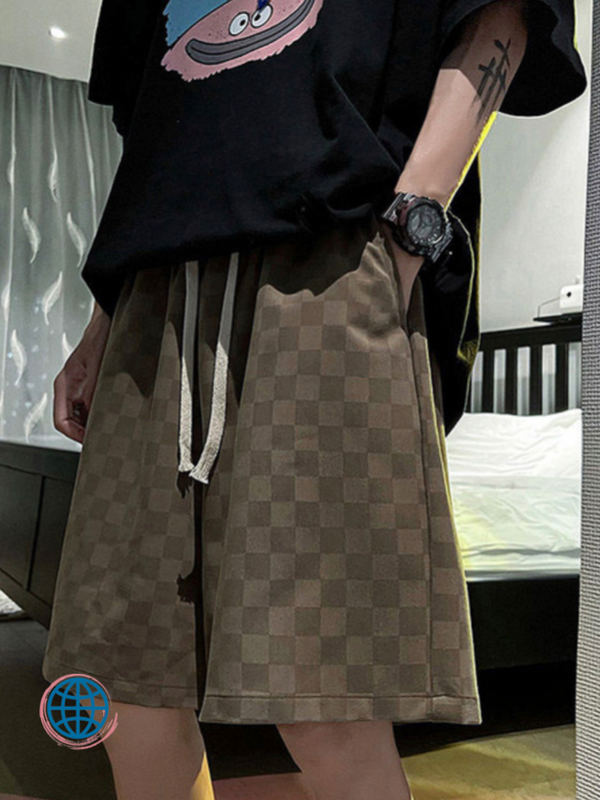 Plaid Shorts  Mens Summer Straight Leg Men's Casual Fashion Streetwear Mid Rise Waist Harajuku Korean Style Male Baggy Korea Plus Size Short Pants Trending for Man in Khaki