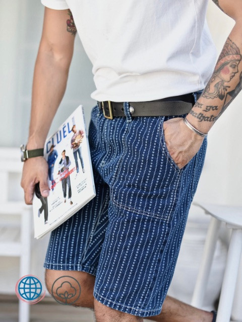 Mid Rise Wabash Denim Shorts   Mens Japan Striped Short Heart Discharge Dyeing Shorts Selvedge Jeans Vintage Japanese Style Trending for Man in Dark Blue