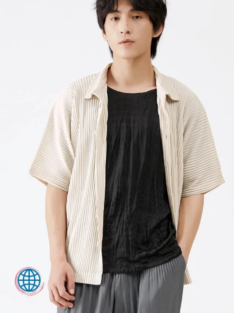 Ribbed Pleated Shirt  Mens Medium Sleeve Summer Simple Fashion Leisure Rib Solid Color Turn-down Collar Single Breasted Shirts Plus Size Trending for Man in Apricot