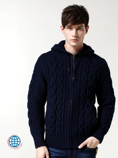 Cable-Knitted Hooded Cardigan  Mens Sweater Autumn Winter Warm Zipper Hooded Cardigans Knit Twist Hoodies Solid Color Vintage Casual Knitwear Coat Plus Size Sweaters Trending for Man in Navy Blue