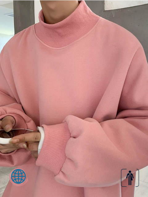 Ribbed Turtleneck Sweatshirt   Men's Autumn Winter Solid Color Male Jumpers Hoodies Casual Unisex Anywear Mens Women’s Pullovers Rib Sweatshirts Trending for Man Woman in Pink