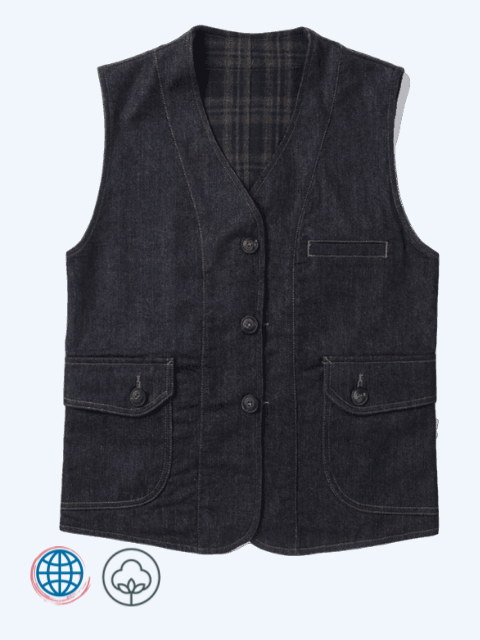 Denim Prairie Vest   Mens Double Sided Wear Cotton Woolen Reversible Cowboy Waistcoat Vintage Vests Outerwear Waistcoats Trending for Man in Dark Blue Brown Checkered Plaid