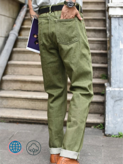 Slim Fit Jeans   Mens High Rise Waist Vulcanization Olive Green Selvedge Denim washed Slim Fit Zipper Fly Pants Trending for Man