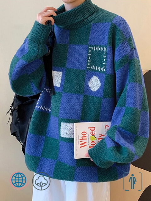 Ribneck Turtleneck Sweater   Unisex Anywear Men's Women’s Knitwear Autumn Loose Couple Contrast Color Plaid Male Knitted Pullovers Sweaters Ribbed Plus Size Trending for Man Woman in Blue Green