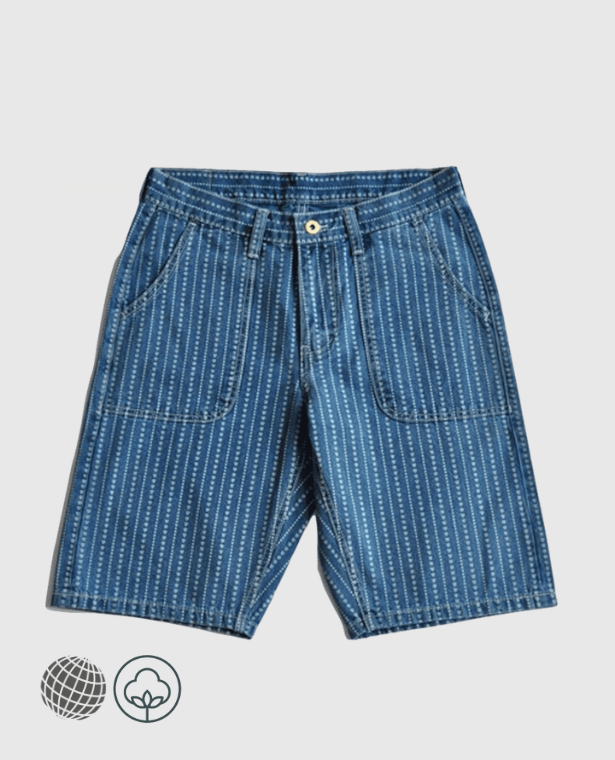 Wabash Denim Shorts    Mens Japan Mid Rise Waist Heart Discharge Dyeing Striped Denim Selvedge Jeans Vintage Japanese Style Short Pants Trending for Man in Light Blue