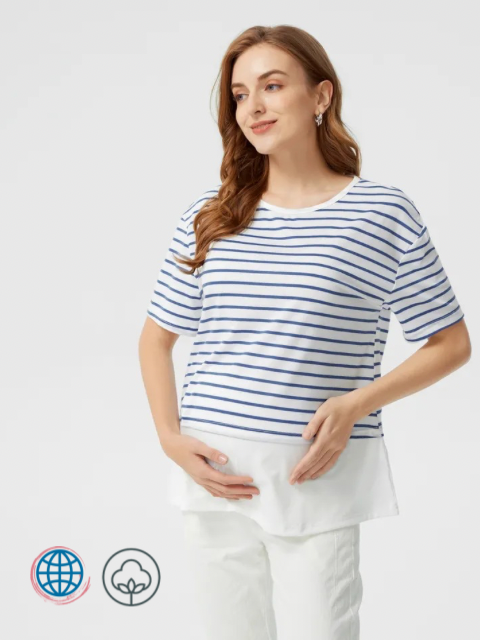 Oversized Boatneck Striped Maternity Top   Women’s White Blue Stripe Round O-Neck Tees Summer Casual O-Neck Short Sleeve Patchwork Tops Petite and Oversize Plus Size Maternity Clothes Trending for pregnant woman