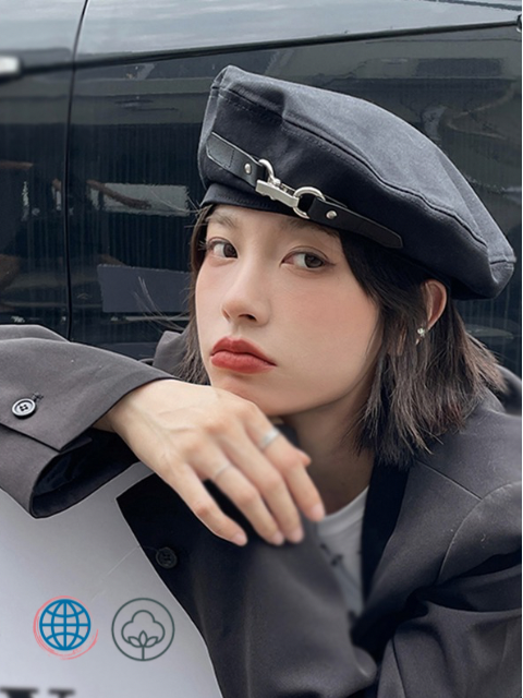 Punk Beret Hat  Women’s Autumn Bucket Harajuku Punk Gothic Metal Ring PU Belt Chain Black Chic Streetwear Beanie Bonnet Berets Hats Indie Headwear Trending for Woman