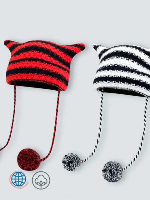 Little Devil Striped Hat  Women’s Y2K Beanie Ins Stripe Knitted Wool Pom Pom Cap Autumn and Winter Cute Cat Ears Pointed Pullover Beanies Hats Trending Headwear for Woman in Black Red White