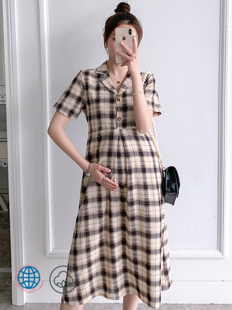 Maternity A-Line Dress  Women’s summer khaki brown plaid fashion grid short sleeve turn-down collar pregnant woman office lady workwear elegant plus size dresses Trending for woman