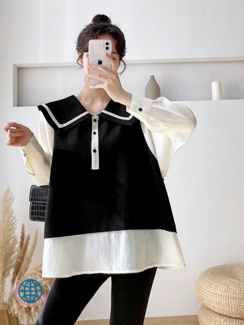 Colorblock Sailor-Collar Top  Women’s Spring Pregnant Black Cream Block Color Patchwork Large Turn-down Collar Long Sleeve Maternity Shirts Preppy Style Blouse Plus Size Shirt Trending Blouses Woman Clothes