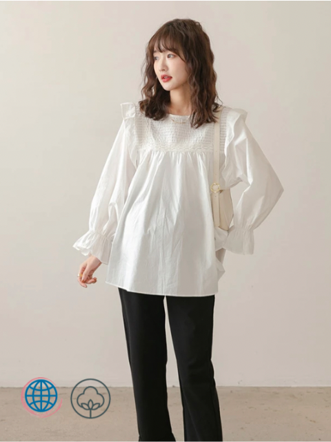 Cotton Broadcloth Top  Women’s Autumn blouse round boatneck o-neck collar long sleeve maternity fashion shirt sweet mother shirts white cotton blouses pregnant Trending Plus size tops woman clothes
