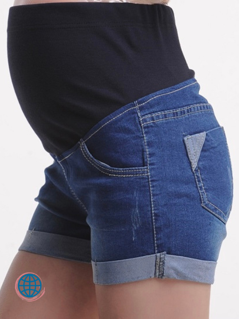 Full Panel Denim Shorts  Women’s Maternity Summer Elastic Adjustable Jeans Fashion Crimping Pregnant Plus Size Pants Trending For Woman in Blue