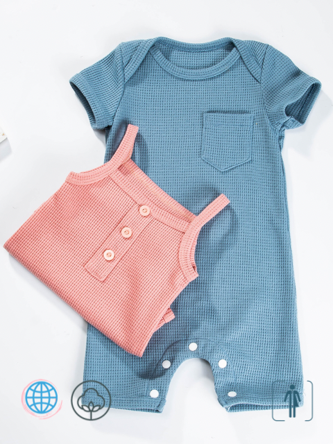 Waffle Romper  Baby Girls Sleeveless Jumpsuits Boys Short Sleeve Rompers Summer Clothes Solid Color Newborn Clothing 3-18 Months Overalls Trending For Boy Girl in Blue Pink