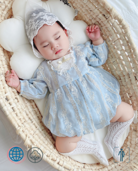 Baby Romper  Unisex Girls Boys For 1st Birthday Party Wedding Newborn Round O-Neck Crewneck Cotton Clothes Baptism Long Sleeve Lace Princess Jumpsuit 0-2Y Babies Boy Girl Trending in Light Sky Blue