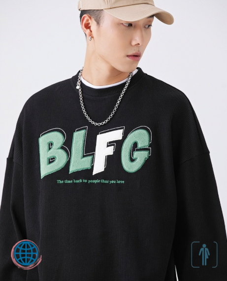 Loose O-Neck Graphic Sweater Unisex Anywear Women’s Mens Autumn Hoodie Trend Casual Couple with The Same Japanese Tide Brand BLFG Letter Embroidery Round Crewneck Sweaters for Man Woman Trending in Black