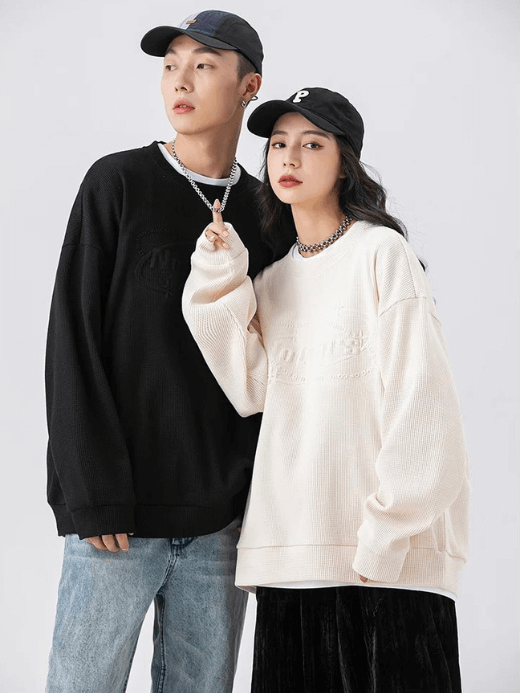 Japanese Crewneck Waffle Sweater   Genderful Unisex Anywear Women’s Mens Spring Autumn Men's Couple Casual Tops Hong Kong Style Loose Trend Round O-Neck Japan Plus Size Sweaters for Man Woman Trending in Black Apricot white