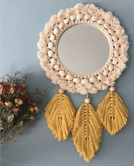 Tapestry Wall Mirror   Round Boho Nordic Home Bath Room Bohemian Make Up Mirrors Trending Norway Bohemia Hanging Decoration in Cream