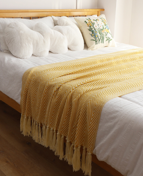 Geometric Throw Blanket  Vintage Japanese Acrylic Herringbone Home Textile Sofa Bed Decorative Nordic Aesthetic Room Winter Warm Decor Japan Blankets Bedroom Throws Norway Scandinavia Scandinavian Norwegian in Trending Yellow