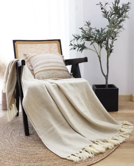 Textile Throw Blanket  Vintage Japanese Acrylic Geometric Herringbone Home Sofa Bed Decorative Nordic Aesthetic Room Winter Warm Decor Japan Blankets Bedroom Throws Norway Scandinavia Scandinavian Norwegian in Trending Beige