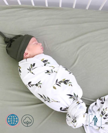 Cotton Swaddle Wrap Blanket + Hat 2-Piece Set in Trending Green Leaf
