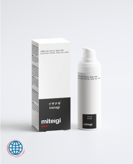 Sunscreen SPF30, with tint 30ml Izanagi blended with Zinc Oxide Raspberry Seed Oil Omega rich Sea Buckthorn and Hyaluronic acid to give skin hydration and sunny ylang-ylang aroma trending skincare by miteigi