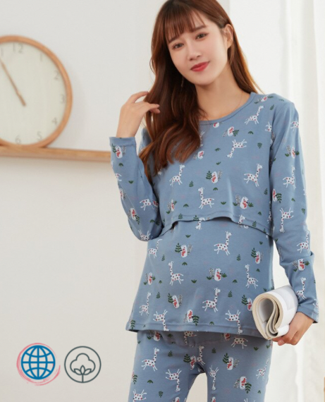 Breastfeeding Maternity Loungewear PJs  Women’s Pajamas Cotton Nursing Long Sleeve Top + Pants Sleepwear Sets Bottoms Trousers Clothes For Trending Pregnancy Woman in Blue Deer Animal