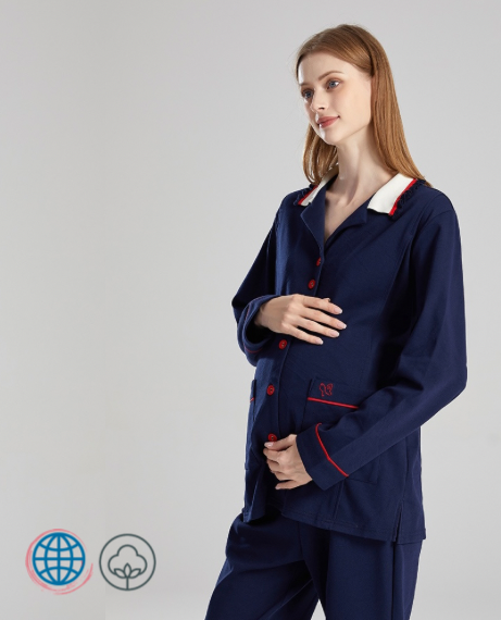 Cotton Nursing PJs  Women’s Pregnant Full Sleeve Maternity Breastfeeding Sleepwear Set for Pregnancy Woman Pajamas Suit in Trending Navy Blue Cotton