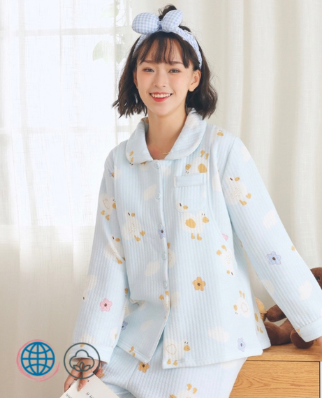 Nursing Pajama Set   Women’s Winter Cotton Sandwich Thickened Lovely Printed Pregnant PJs Set Postpartum Lactation Maternity Clothes for Woman in Trending Light Sky Blue