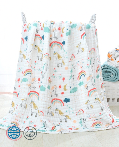 6 Layer Bamboo Cotton Receiving Blanket Unisex Newborn Baby Infant Kids Swaddle Wrap Sleeping Warm Quilt Bed Cover Muslin Layers Blankets in Trending Rainbow Horse Unicorn