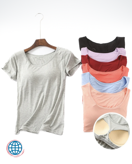 One-Piece Bra T-Shirt in ModaL Women's short-sleeved slim short-sleeved belt chest pad female summer Plus Size T-shirts with padded bras Tees for Woman Maternity in trending black, white, Taro purple, Light blue, watermelon red, grey, Red wine, Fragrant pink, Royal blue