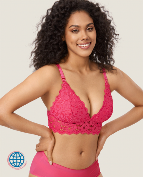 Maternity Wirefree Nursing Bra  Lace Sexy Seamless Breastfeeding Padded Lactation Cute Women's Bralette for Pregnant Lingerie Bras in Trending Bright Rose Red