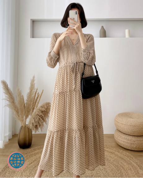 Maternity Chiffon Polka Dot Dress Women’s Spring Autumn Clothes For Pregnant Women V-Neck Draw String Long Sleeve Pregnancy Dresses for Woman in Trending Apricot