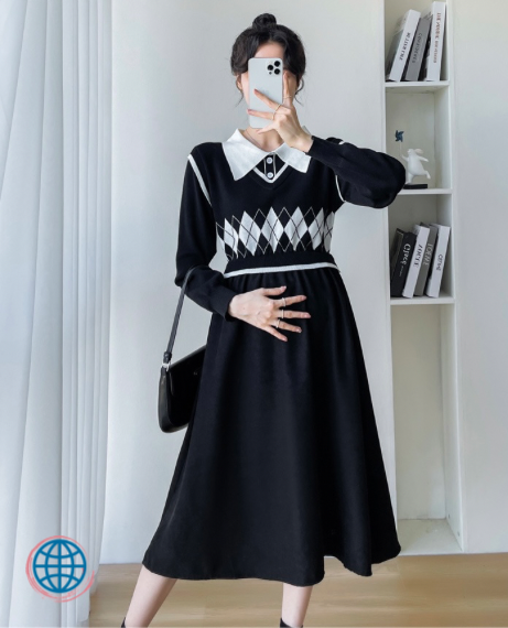 Maternity Peter-Pan Collar Dress  Women’s Peter Pan Patchwork False 2 Piece Pregnancy Black Dresses Autumn Winter Clothes for Trending Pregnant Woman